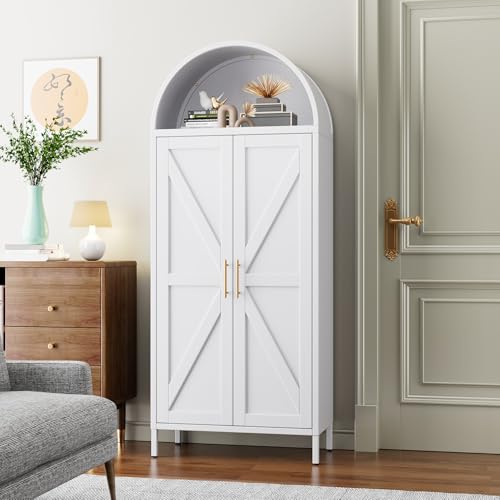 GangMei Metal 72" H Arched Pantry Cabinet with 6 Adjustable Shelves,White Arched Cabinet with 2 Doors for Kitchen Living Room,Required Assembly GangMei