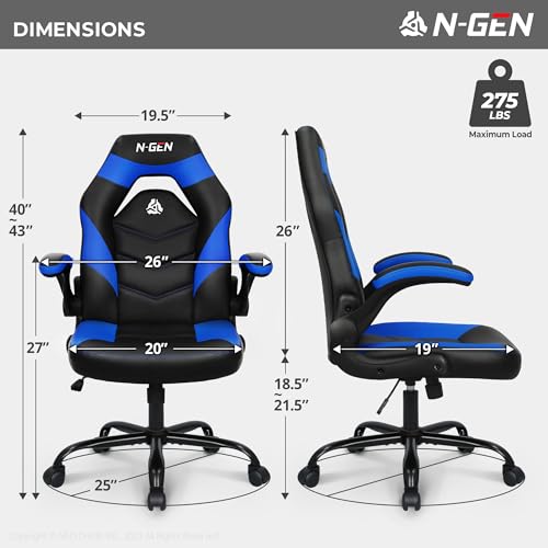 N-GEN Video Gaming Chair Ergonomic Computer Desk Office Chair with Lumbar Support Adjustable Height Swivel Wheels Flip-Up Arms PU Leather Home and Office (Blue) NEO CHAIR