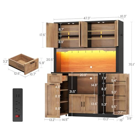 Itaar 71" Pantry Cabinet with Charging Station and LED Light, Kitchen Pantry Cabinet with Microwave Stand, 47.2" Wide Kitchen Storage Cabinets with Storage Cart 3 Tier for Dining Room (Brown) Itaar