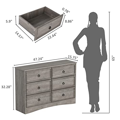 LGHM Modern 6 Drawer Dresser, Dressers for Bedroom, Chest of Drawers Closet Organizers and Storage Clothes - Easy Pulls Handle, Textured Borders Living Room, Hallway, Gray - WoodArtSupply