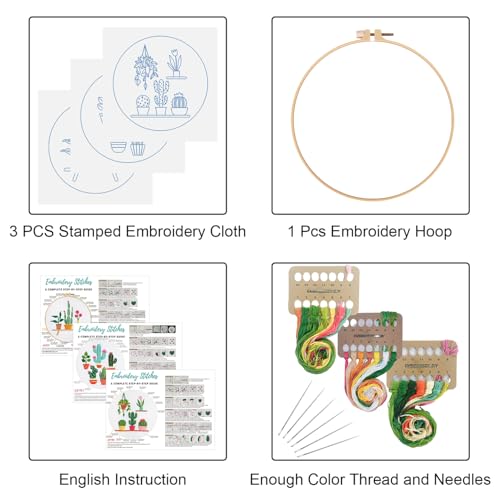 Louise Maelys 3 Sets Cactus Embroidery Kits for Beginners,Cross Stitch Kit for Adults,Crewel Starters Needlepoint with Plants Pattern, Hoop and Instruction