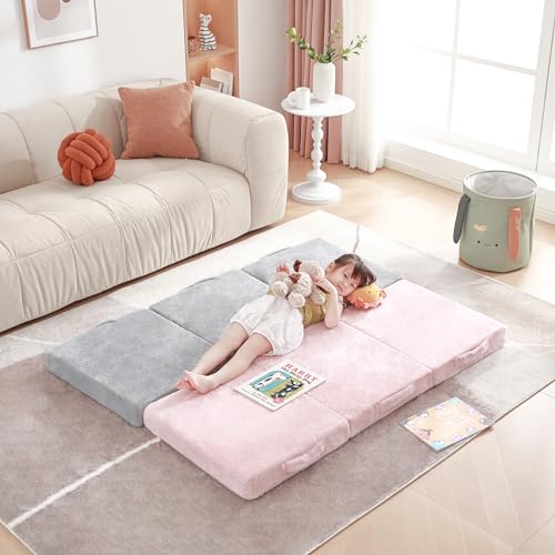 Givjoy Foldable Floor Mattress for Kids, Toddler Washable Tri Folding Floor Nap Mat for Sleeping Daycare, Child Trifold Futon Sofa Bed with Storage Bag for Playroom, Bedroom, Girls and Boys Givjoy