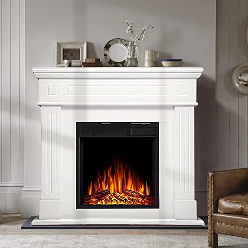 R.W.FLAME 43” Electric Fireplace Mantel Wooden Surround Firebox, TV Stand with Freestanding Electric Fireplace, Remote Control, Adjustable Led Flame, 750W/1500W Pearl White R.W.FLAME