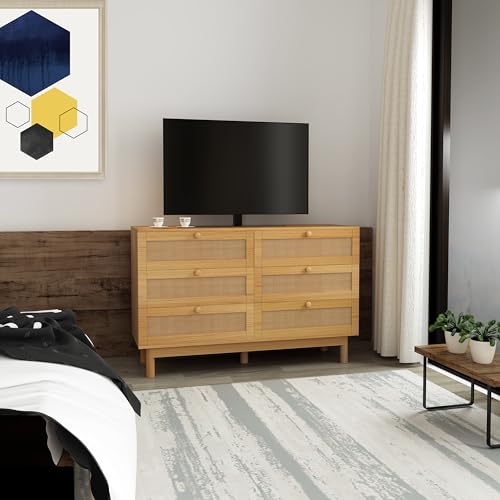 DHMAKER 6 Drawer Rattan Dresser, 48" Modern Double Dresser for Bedroom, Wide Chest of Drawers, Wood Storage Cabinet for Bedroom, Entryway, Living Room, Hallway DHMAKER