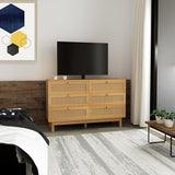 DHMAKER 6 Drawer Rattan Dresser, 48" Modern Double Dresser for Bedroom, Wide Chest of Drawers, Wood Storage Cabinet for Bedroom, Entryway, Living Room, Hallway DHMAKER