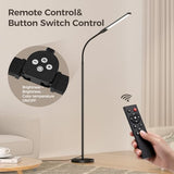 LED Floor Lamp for Living Room, Bright Reading Lamps for Office, Adjustable Colors Temperatures&Brightness, Dual Head Goose-Neck Standing Lamp, Remote and Button Control, Eye Caring Tall Lamp, Black VrimNowit