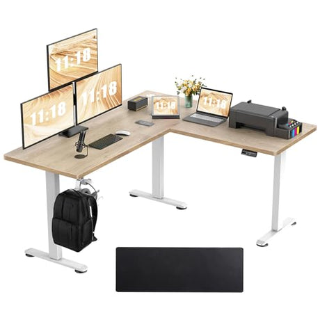 farexon 63x55 Inch L Shaped Standing Desk, Electric Adjustable Height Stand Up Desk, Corner sit Stand Desk with 39x18 in Mouse Pad, Hook, Home Office Writing Gaming Computer Workstation, Oak Grey farexon