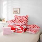 Erosebridal Ribbon Bow 7 Piece Bedding Set Full Grid Comforter Set with Sheets Plaid Check Aesthetic Coquette Kawaii Bed in a Bag Cute Bowknot Red for Kids Girls Women Erosebridal