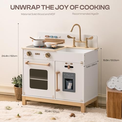 ROBOTIME Play Kitchen for Toddlers, Wooden Kids Play Kitchen Playset with Real Lights & Sounds/Ice Cube Dispenser, Pretend Play Montessori Toy Kitchen, Gift for Ages 3+ (White) ROBOTIME