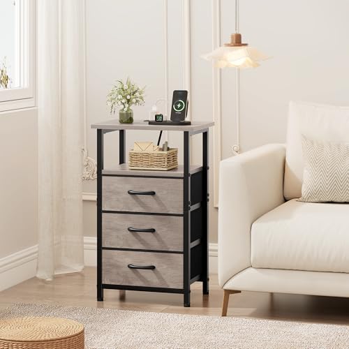 Vagusicc Nightstand Set of 2 with Charging Station, Bedside Table with USB Ports and Outlet, End Table Side Table with 3 Fabric Drawer and Storage Shelf, Bed Side Table Night Stand for Bedroom, Greige Vagusicc