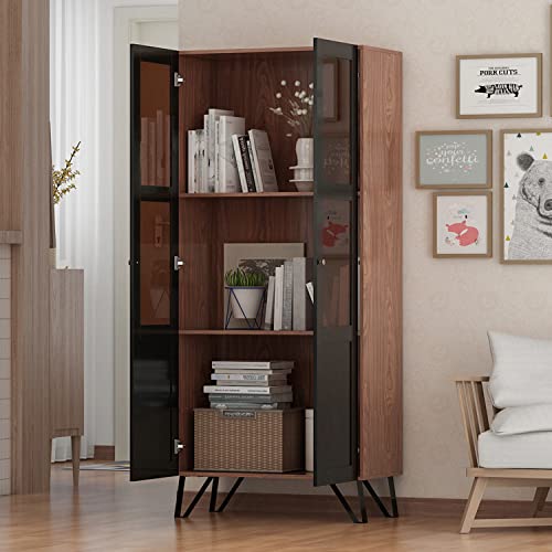 Elegant ECACAD 3-Tier Bookcase Storage Cabinet with Acrylic Glass Doors - Brown and Black - WoodArtSupply