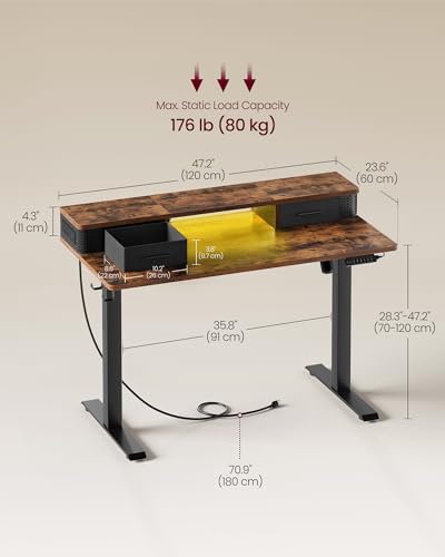 VASAGLE Electric Standing Desk with Drawers, Sit Stand Desk with Built-in Power Strip, Adjustable Height, 23.6 x 47.2 Inches, 2 Hooks, Memory Function, for Home Office, Rustic Brown ULSD182X2 - WoodArtSupply