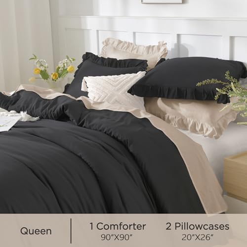 Andency Black Queen Comforter Set, 3 Pieces Farmhouse Shabby Chic Bedding Comforter & Sets for Queen Bed, Soft Lightweight Fluffy All Season Down Alternative Bed Set for Men Women Andency