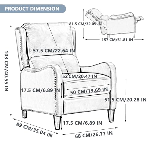 PATIOPTION Leather Pushback Recliner Chair, PU Leather Push Back Armchair, Upholstered Recliner Chair 105-135 Degree Adjustable, Retro Accent Chair for Living Room Bedroom - Gray