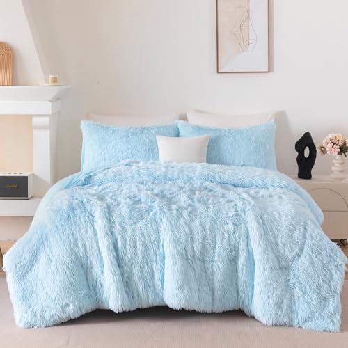 BYHOFMLY Light Blue Fluffy Girls Comforter Set Twin Size 3 Pieces Faux Fur Plush Shaggy Bedding Set for Teen Girls Soft Warm Furry Velvet Kids Bed Sets (Light Blue, Twin) BYHOFMLY