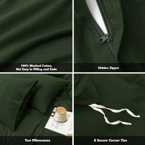 FOSSA Duvet Cove Set 100% Washed Cotton Linen Feel Super Soft Breathable Cozy 3 Pieces Bedding Sets Solid Forest Green Twin FOSSA