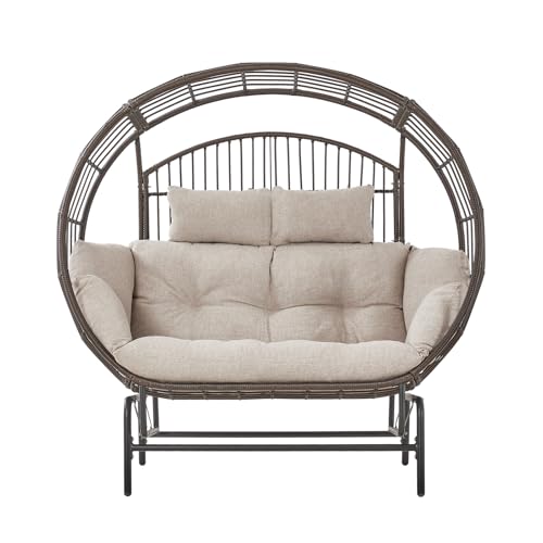 LUMIINOFAMI Outdoor Glider Egg Chair, Oversized 2 Person Egg Rocking Chair with Thick Cushions, Wicker Egg Chair Rattan Porch Furniture Loveseat Lounge Chair for Bedroom Sunroom Backyard(Brow - WoodArtSupply