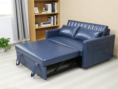 N NOORDENIYA 55'' Leather Sofa Bed, Pull Out Sleeper Sofa Couch Bed, Loveseat Sleeper, Futon Sofa Couch with Side Pocket, Convertible Sofa Bed for Living Room, Apartment, Bedroom, RV, Blue N NOORDENIYA