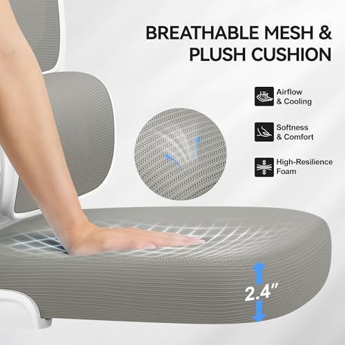 ALLGOD Ergonomic Office Chair, Mesh Desk Chair with Lumbar Support, High Back Home Office Chair with Adjustable Headrest and Flip-Up Arms, Comfortable Computer Chair, Thick Cushion, 300 LBS, LightGray ALLGOD