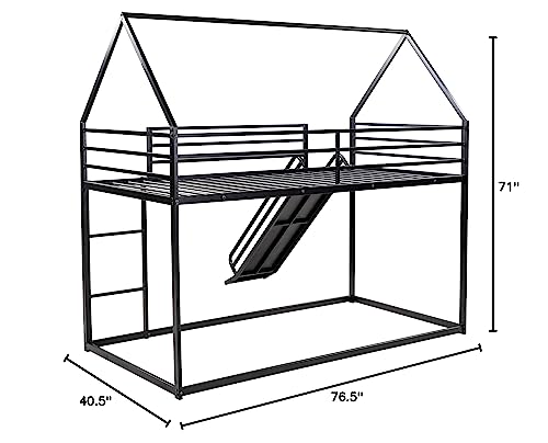 Merax Modern Twin Over Twin Heavy Steel Low Bunk Bed with Ladder and Slide House Shaped Bunk Bed Frame for Kids Boys Girls Space-Saving, Black Merax