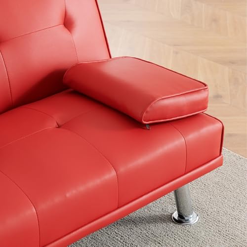 ODOLAR 70" Futon Sofa Bed,Multifunctional Convertible Folding Futon Sofa Bed with Coffee Table, 3 Adjustable Reclining Sleeper Sofa, Small Leather Couch for Living Room/Bedroom Small Spaces (Red) ODOLAR