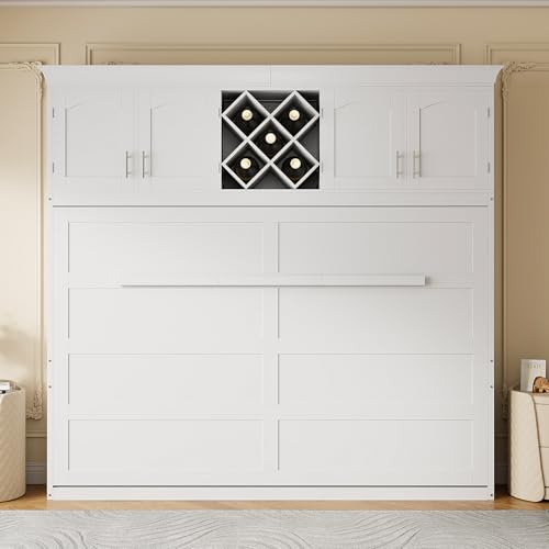 Merax Queen Size Murphy Wall Bed, with Top Cabinets & Wine Rack Space-Saving Foldable Ideal for Guest Rooms, Home Offices, Small Apartments, White Merax