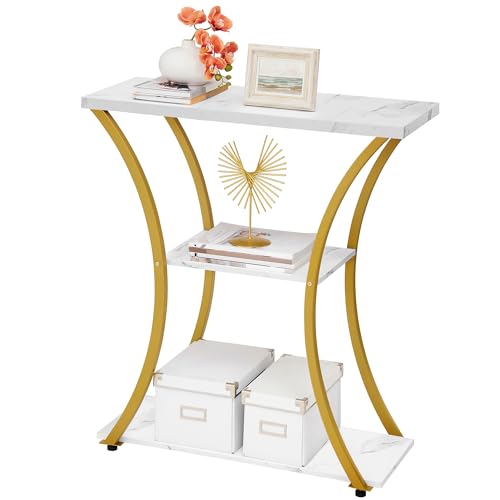 Hoctieon 3 Tier Console Table with Open Wood Shelves, Decorative Entryway Table with Curved Metal Frames, Narrow Sofa Table for Entrance, Living Room, Hallway, Gold and White Marbled Hoctieon