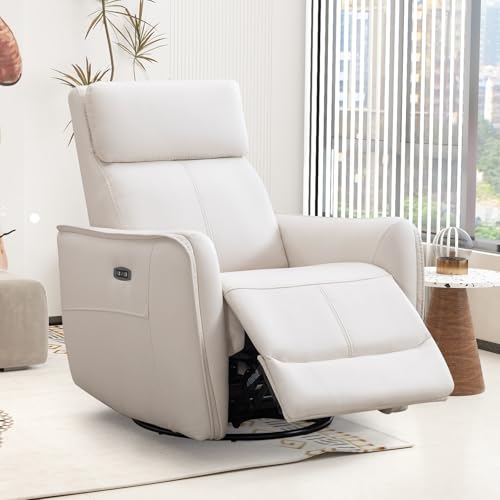 Bonzy Home Power Swivel Rocker Recliner Chair with USB Port, Wide Seat, Head & Lumbar Support, Upholstered Glider Chair for Living Room, Nursery, Bedroom, Cream White