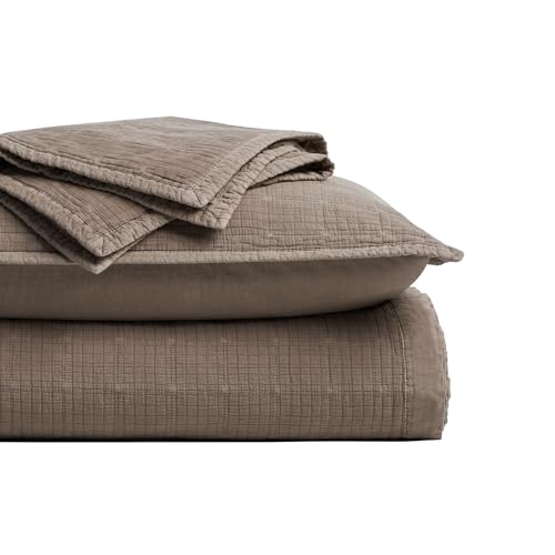 EVERGRACEHOME Stonewashed Cotton Quilt Set Full Queen Size, Ultra Soft Oversized Bedspread Coverlet Set, Lightweight Crinkle Box Stitch Bedding Sets for All Season, with 2 Shams, Mocha Brown EVERGRACEHOME