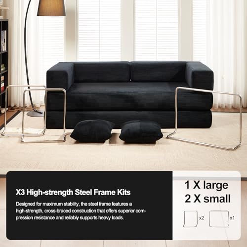 SEQAVRW 79" Boneless Sofa Bed, 5-in-1 No-Assembly Convertible Sleeper Couch with Fixed Frame Armrests, Modular Corduroy Futon, Compressed in a Box for Space Saving (Black, Includes 2 Pillows) SEQAVRW