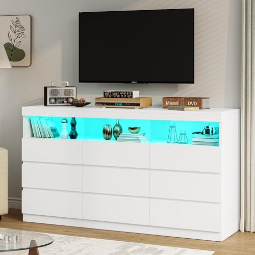 HAUOMS 9 Drawer Dresser for Bedroom with LED Lights, Large Chest of Drawers Handle Free, Modern White Long Dressers with Charging Station,for Living Room,Cloakroom,Entryway HAUOMS