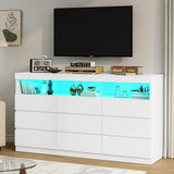 HAUOMS 9 Drawer Dresser for Bedroom with LED Lights, Large Chest of Drawers Handle Free, Modern White Long Dressers with Charging Station,for Living Room,Cloakroom,Entryway HAUOMS