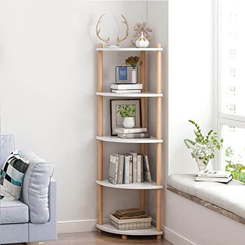 IOTXY Modern 5-Tier White Wooden Corner Bookshelf - Stylish Open Bookcase for Home and Office Storage - WoodArtSupply