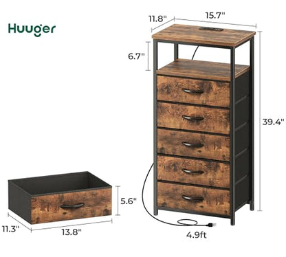 Huuger 5 Drawers Dresser with Charging Station, Set of 2, Dresser for Bedroom, Tall Night Stand, Chest of Drawers with Open Shelf, Bedside Table Nightstand, Fabric Dresser, Rustic Brown - WoodArtSupply