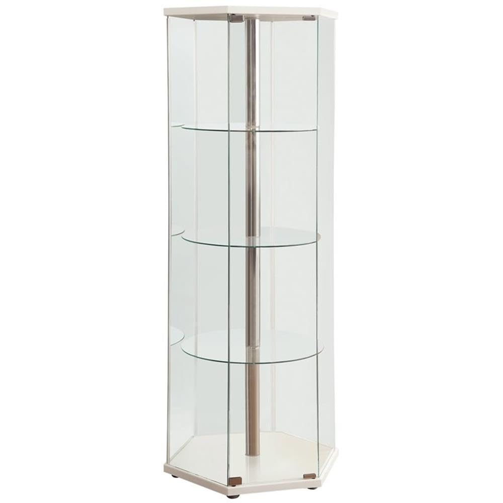 BOWERY HILL Hexagonal Round Corner 4 Shelf Glass Curio Cabinet Display Case in White and Chrome BOWERY HILL