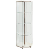 BOWERY HILL Hexagonal Round Corner 4 Shelf Glass Curio Cabinet Display Case in White and Chrome BOWERY HILL