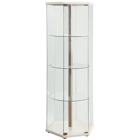 BOWERY HILL Hexagonal Round Corner 4 Shelf Glass Curio Cabinet Display Case in White and Chrome BOWERY HILL