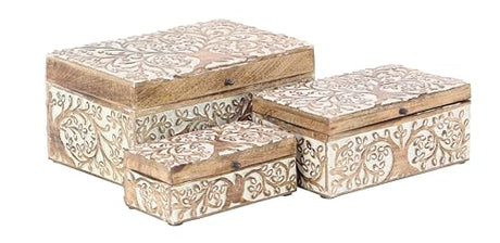 Deco 79 Mango Wood Floral Decorative Box Decorative Keepsake Boxes with Hinged Lid, Set of 3 Storage Boxes 8", 10", 12"W, Brown Deco 79
