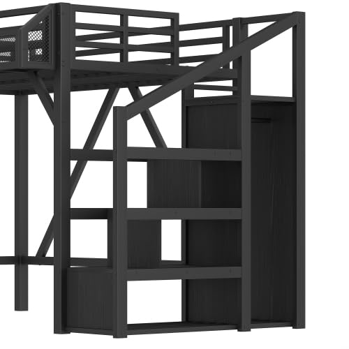 Bellemave Twin XL Loft Bed with Storage Stairs, Shelves & Wardrobe, Twin XL Metal Loft Bed Frame with LED Lights & USB Ports for Kids Teens, Noise-Reduced Design, Black Bellemave