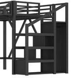 Bellemave Twin XL Loft Bed with Storage Stairs, Shelves & Wardrobe, Twin XL Metal Loft Bed Frame with LED Lights & USB Ports for Kids Teens, Noise-Reduced Design, Black Bellemave