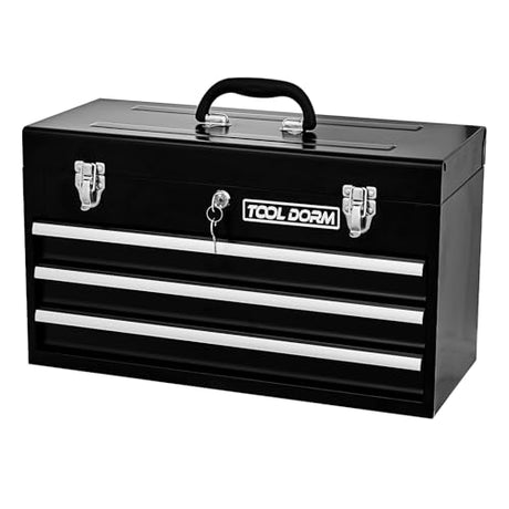 Tool Dorm 20.3“ Metal Tool Box with Drawer Portable Steel Metal Tool Box with Protective Liner and Metal Latch Closure and Lock for Garage, Home and Warehouse (Black-3 Drawers) TOOL DORM