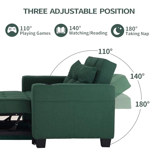 DURASPACE Futon Sofa Bed, 3 in 1 Convertible Sofa Chair Bed, Adjustable Backrest Chair, Chaise Lounge with USB Ports, Cup Holder, Side Pocket, Storage Box (Green) DURASPACE