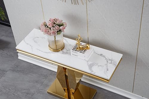 Henf Faux Marble Console Table Luxury White Marble Entryway Table with Gold Mirrored Stainless Steel Base, Elegant Accent Sofa Table for Living Room, Hallway, Foyer, Corridor (Gold & White) Henf