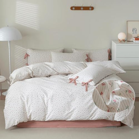 VM VOUGEMARKET Full Duvet Cover Set,3 Pieces Pink Flower Stripes Prints Duvet Cover with 2 Bowknot Pillowcases Vintage Floral Bedding Set Full Size 80"x90",Off-White/Cream VM VOUGEMARKET
