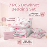 Erosebridal Pink Ribbon Bowknot Bed in A Bag with Sheets for Girls Kids Teens Women Princess Satin Bow Twin Comforter Set 7 Piece Kawaii Coquette Bedding Set Pink Stripes Bed Set Erosebridal
