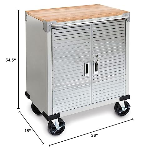 Seville Classics UltraHD Heavy Duty Rolling Cabinet Workbench Table w/Solid Wood Top Workstation for Garage, Warehouse, Office, Workshop, 34.5" H, 2-Door (28" W x 18" D), Granite Seville Classics