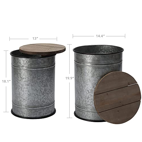 Rustic Storage Ottoman Seat Stool, Farmhouse Accent Side Table, Antique Galvanized Metal End Table Box Bin with Round Wooden Lid Set of 2 (Galvanized) - WoodArtSupply