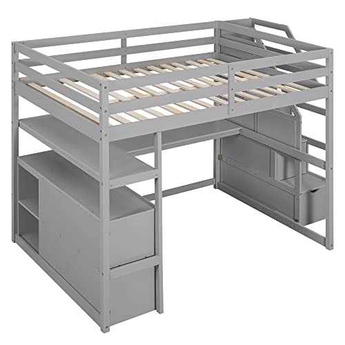 Acosure Full Size Loft Bed with Desk and Shelves,Multifunctionl Bedroom Bed Frame w/ 2 Built-in Drawers & Storage Staircase,Solid Wood Slats Support,for Kid Adult Boy Girl Teen,Grey