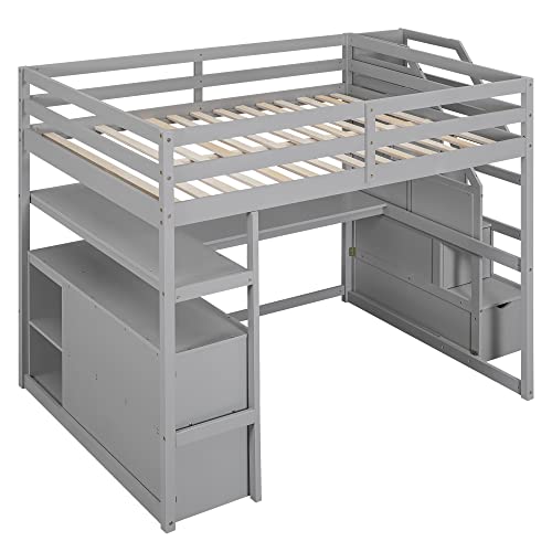 Harper & Bright Designs Grey Full Size Loft Bed with Desk, Storage Stairs, and Shelves Harper & Bright Designs
