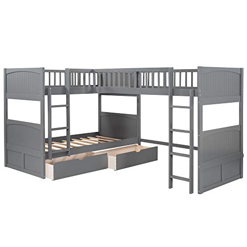 GAOWEI L-Shaped Bunk Bed with Drawers,Twin Over Twin Triple Bunk Beds and Loft Bed for 3 with Ladder & Guardrail & Headboard & Footboard Kids/Solid Wood Triple Bunk Bed for Kids (Gray) GAOWEI